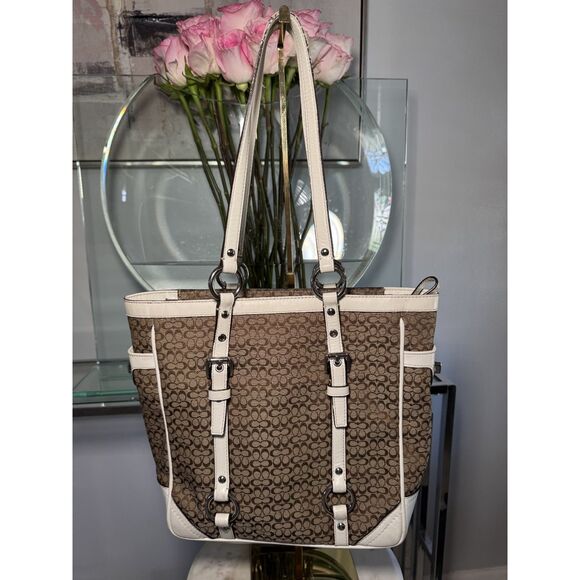 Coach Signature Buckle Brown and White Tote - Picture 2 of 8